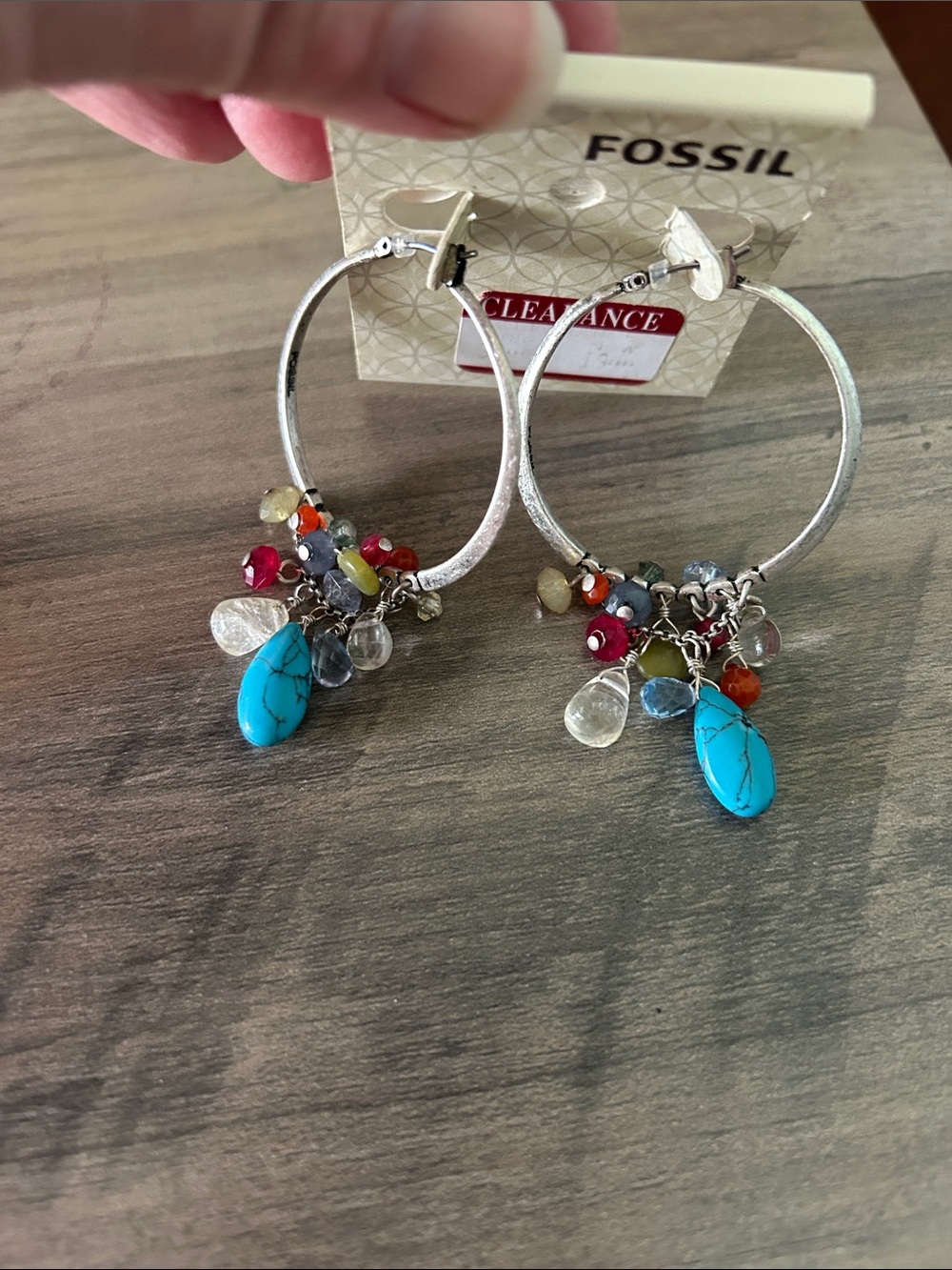 ✳️Fossil Silver Hoops with Turquoise Teardrops and Multicolor Gem Charms✳️
